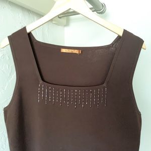 Brown Beaded Square-Necked Dressy Tank Top